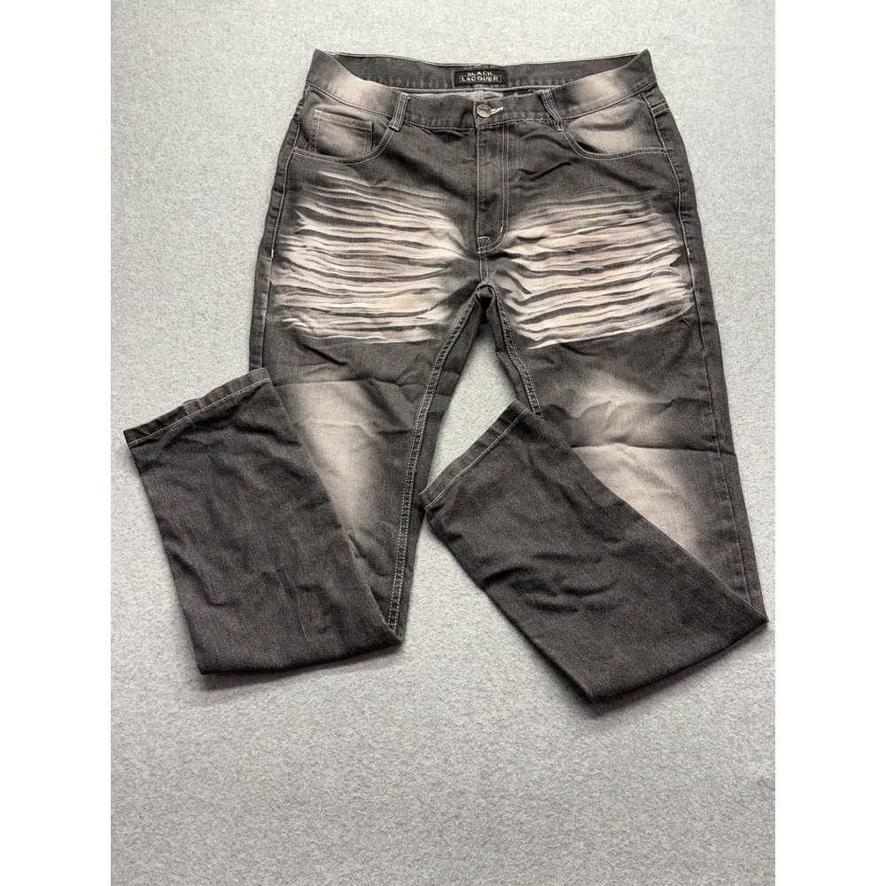 Black Lacquer Mens Washed Black Distressed Straight Leg Jeans Size 36